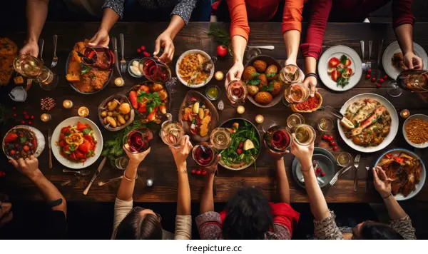 Friends toasting wine glasses over a dinner table full of food