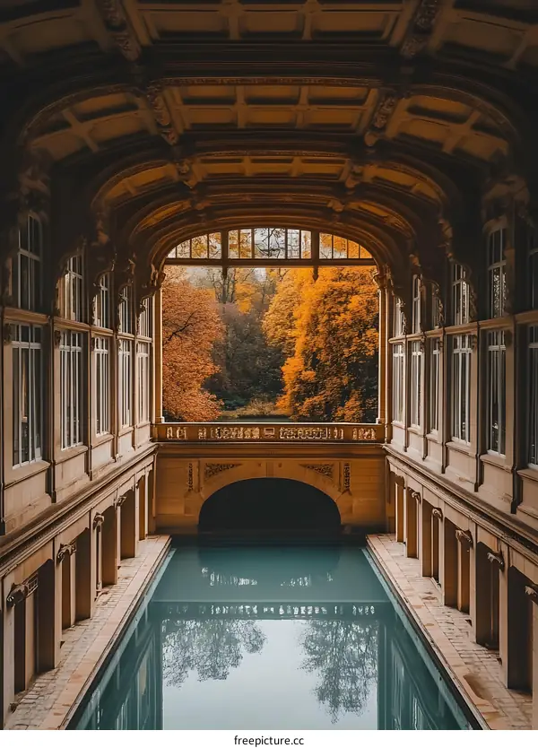 Indoor Pool with Archway and View of Autumn Trees