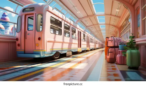A pink retro train sits in a station with pink luggage on the platform
