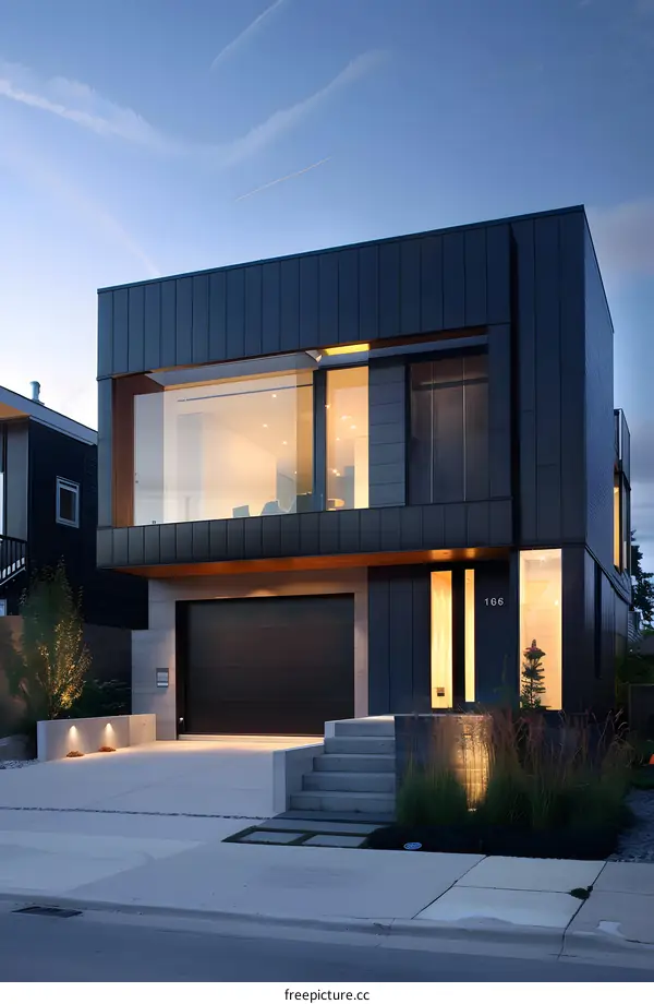Modern Black House with Large Windows and a Concrete Driveway