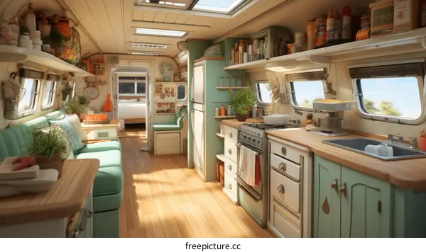 Cozy interior of a vintage camper trailer