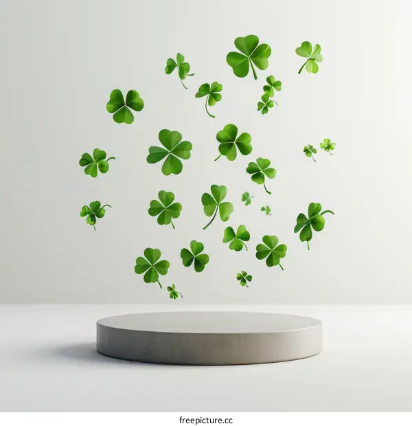 Green Clovers Floating above Podium on White Background