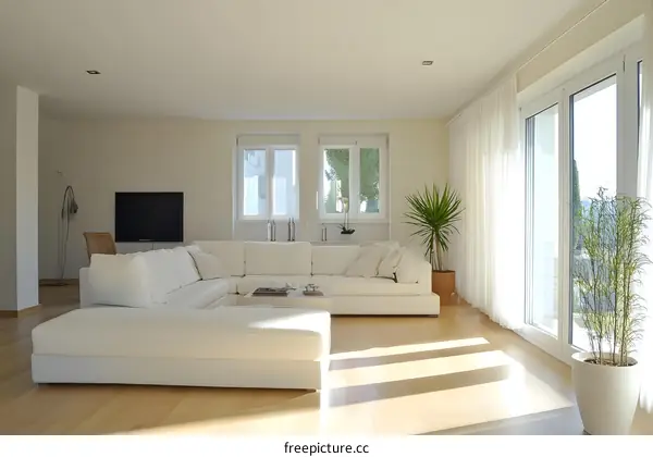 Modern White Living Room With Large Windows