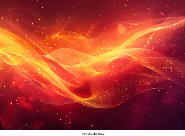 Abstract red orange yellow white light curves and particles on dark red background