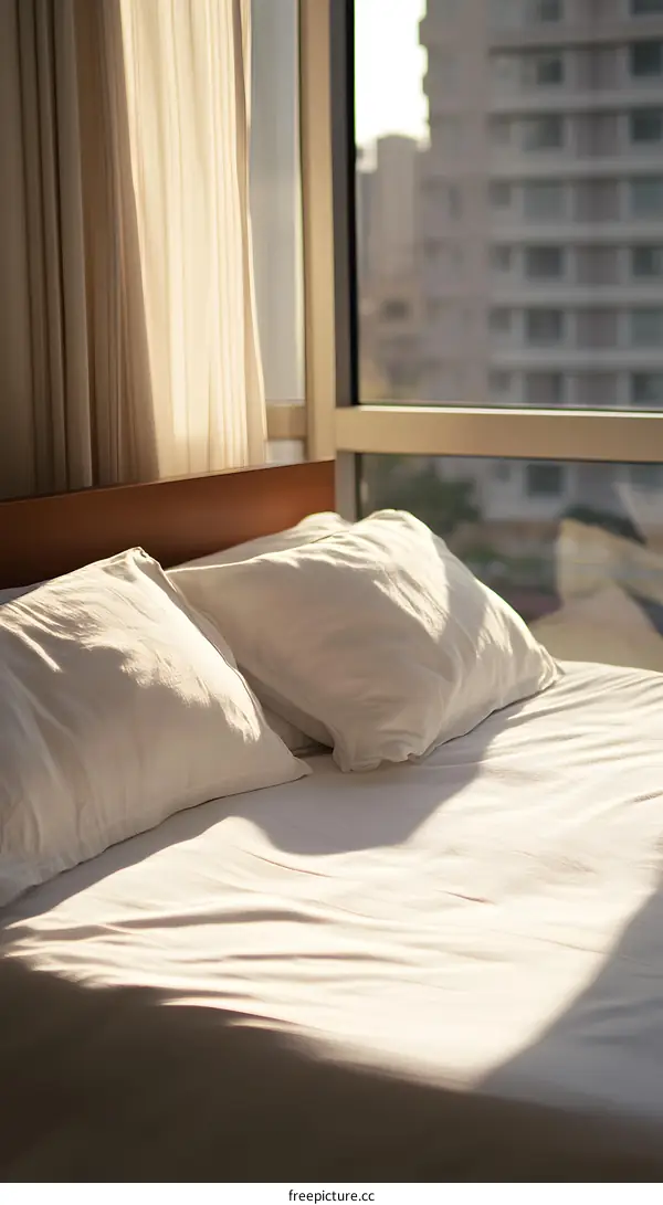 White Bed Sheets with Sun Light Shining Through Window