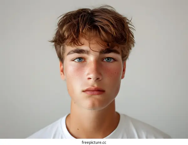 Portrait of a young man with freckles and blue eyes