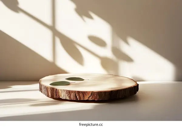 Wooden Slice Display Platform with Natural Light and Shadows