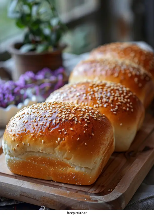 Freshly Baked Sesame Seed Loaf on Wooden Board