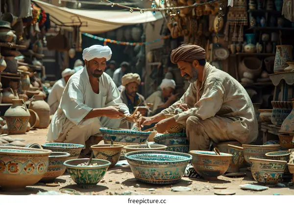 Artisans Crafting Pottery in Market