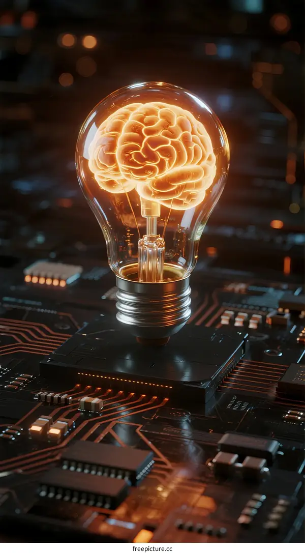 Light bulb with brain illustration on electronic circuit board