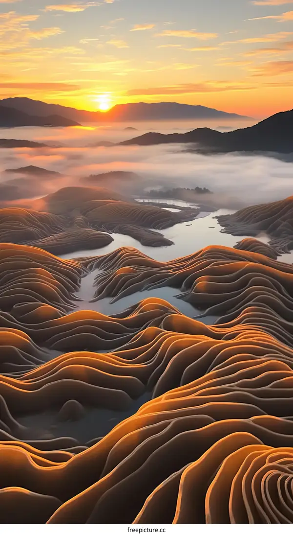 Surreal Sunrise Mountainous Landscape with Terraced Rice Fields