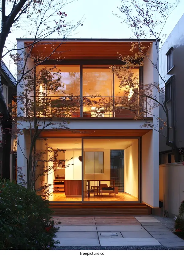 Modern Two Story House with Large Windows and Patio