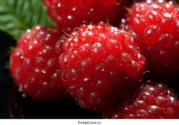 Close-up image of fresh raspberries with water drops