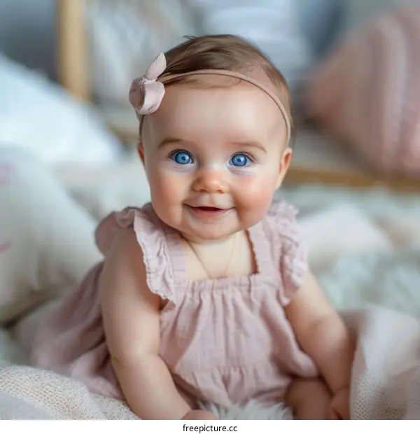 An adorable baby girl with blue eyes is sitting on a bed and smiling at the camera