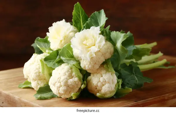 Fresh Cauliflower Bouquet on Wooden Board