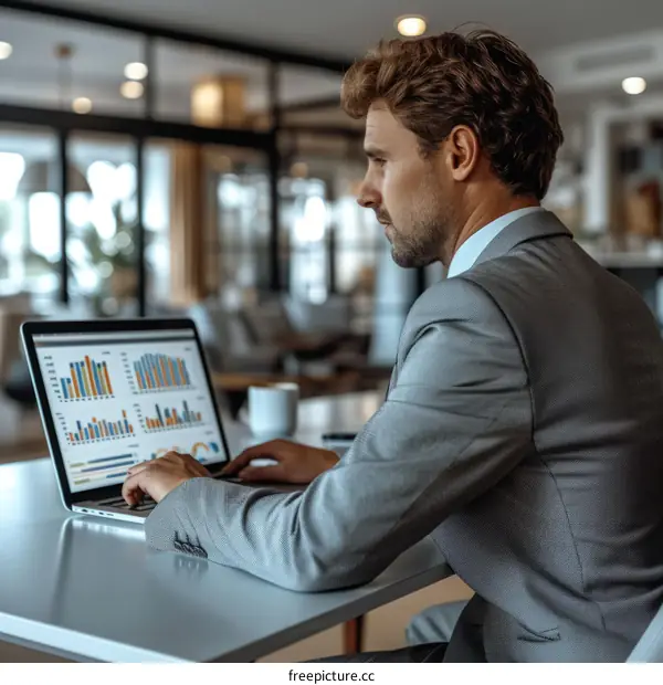 Businessman analyzing financial data on laptop screen