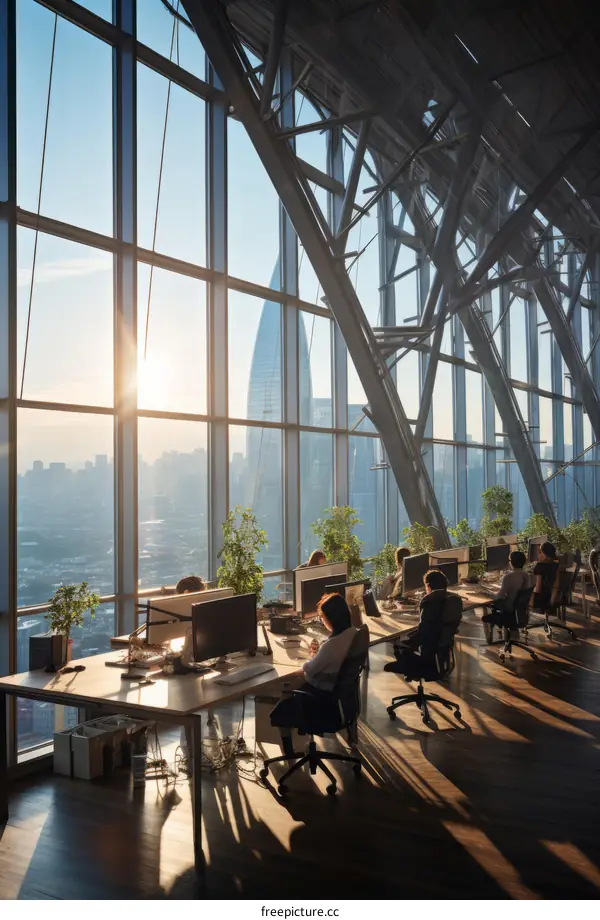 People working in a modern office with a city view