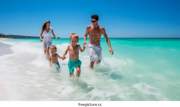 Family of four holding hands running in the shallows of a beach