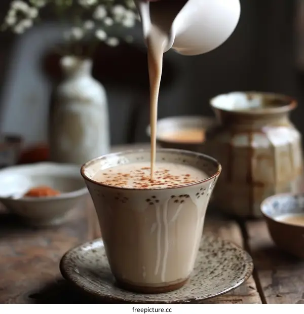 Pouring milk into a cup of tea