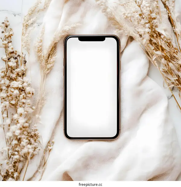 Blank Screen Smartphone on White Fabric with Dried Flowers