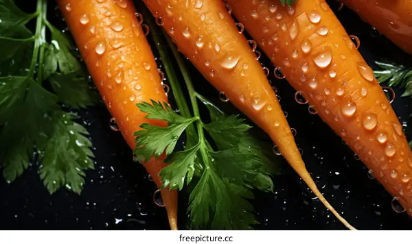 Fresh organic carrots with water drops on a wooden surface