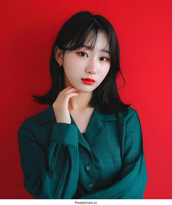 Woman with Black Hair Wearing Green Plaid Shirt Posing Against Red Background
