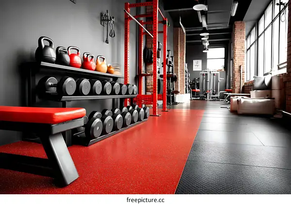 Modern Fitness Gym Interior with Red Flooring