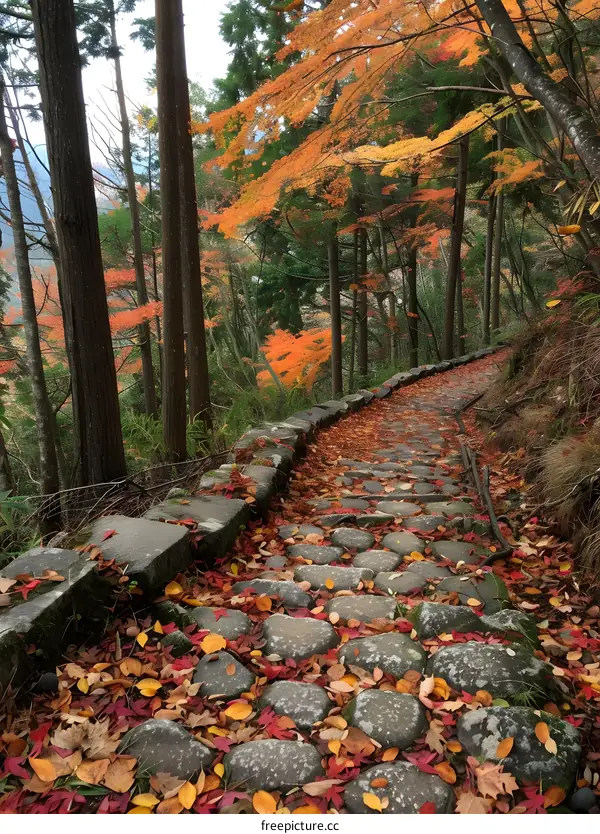 A stone path through a forest with fallen leaves in autumn