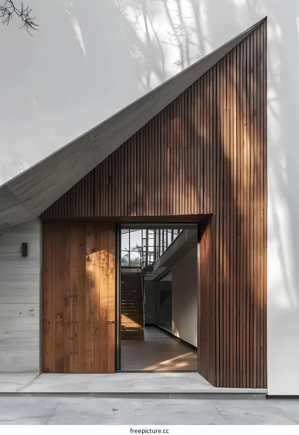 Modern House Entrance with Wooden Door and Concrete Wall
