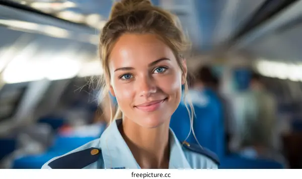 Portrait of a beautiful blonde stewardess with blue eyes in uniform smiling at the camera
