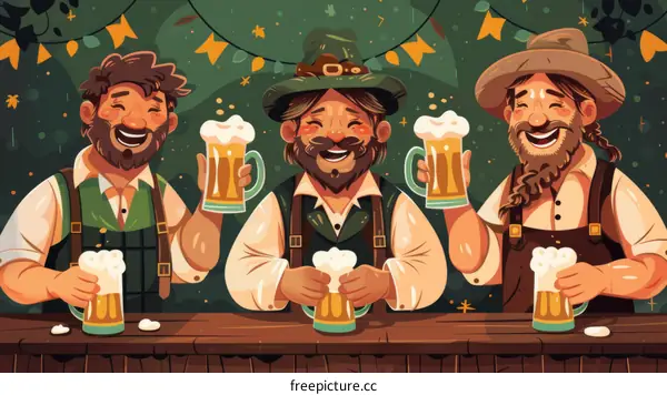 Three men in traditional German clothing are drinking beer at a bar