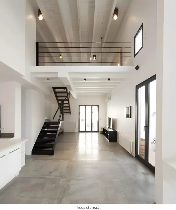 Modern Open Concept Loft Interior Design with Exposed Ceiling Beams