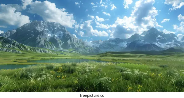Serene Alpine Meadow with Lake and Snow-Capped Mountains