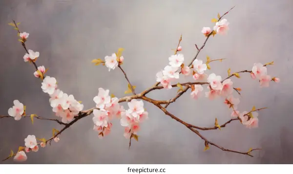 A branch of pink cherry blossoms on a gray background
