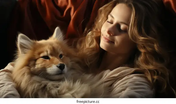 A beautiful blonde woman is hugging a brown dog