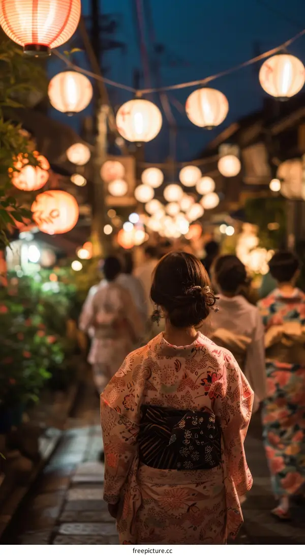 A woman in a kimono walks down a street lit by paper lanterns.