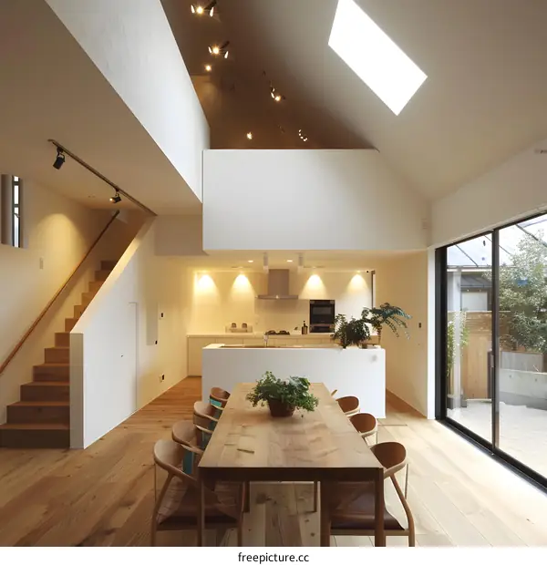 Modern Minimalist Kitchen Design with Wooden Dining Table and Large Windows