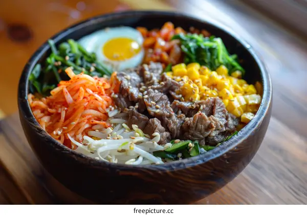 Korean Food Dish Bibimbap With Beef, Egg, And Vegetables