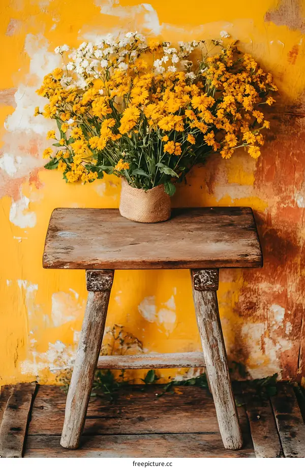 Yellow Flowers in a Rustic Vase on Wooden Stool