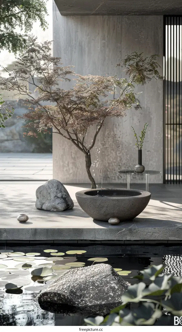 A Japanese Zen rock garden with a stone basin, rocks, and a tree
