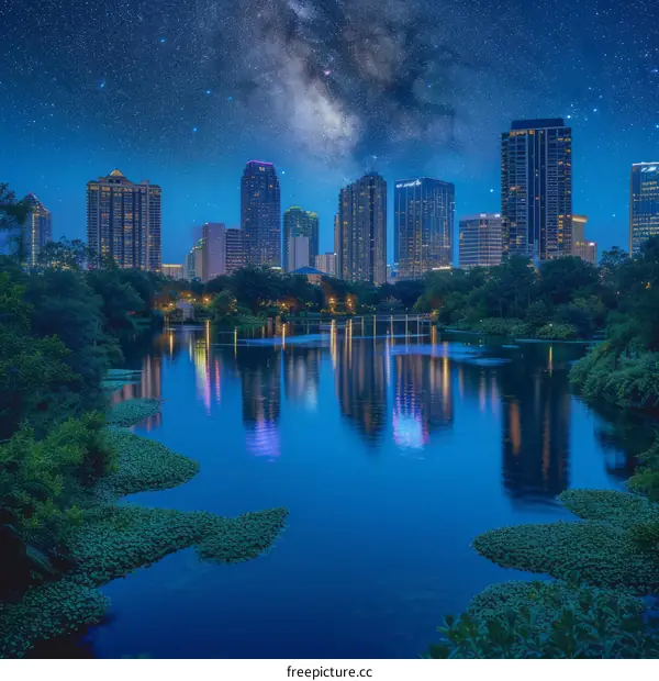 Night view of a city with a lake in the foreground and skyscrapers in the background