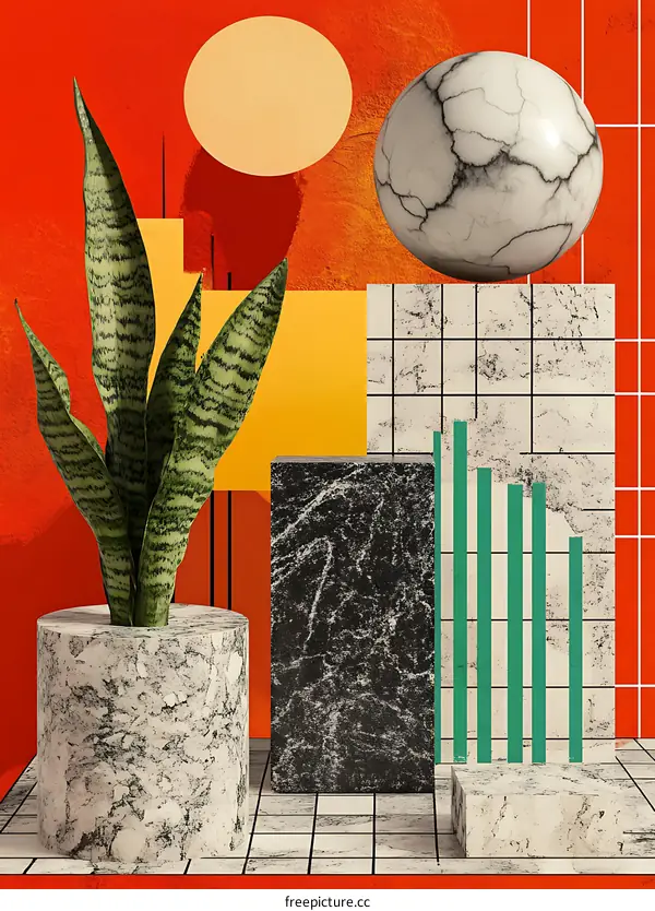 Abstract Geometric Shapes with Green Stripes and Plant in Pot