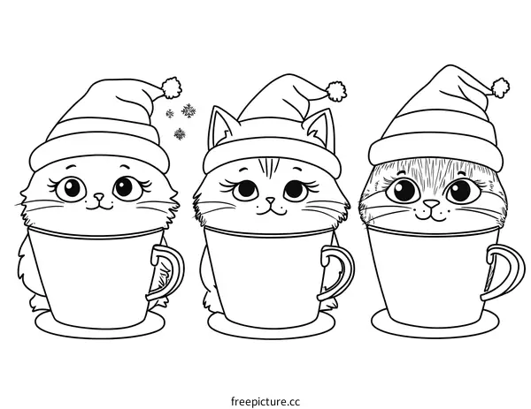 Three Cute Cats Wearing Santa Hats in Cups Coloring Page