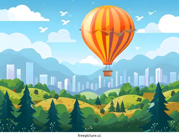 Hot Air Balloon Flying Over Green Hills and City Skyline