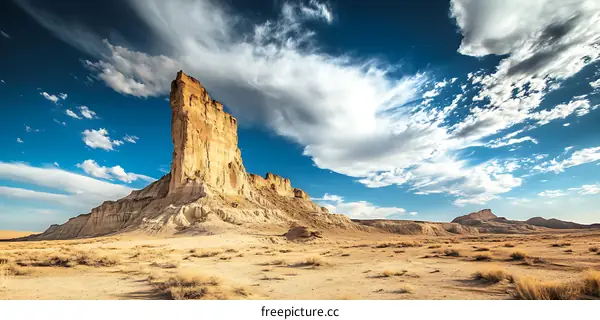 Tall Rock Formation in Desert Landscape Under Blue Sky with Clouds