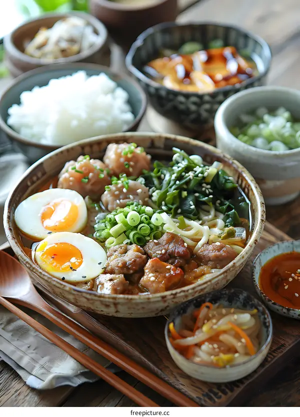 A delicious bowl of Japanese udon noodles with various side dishes