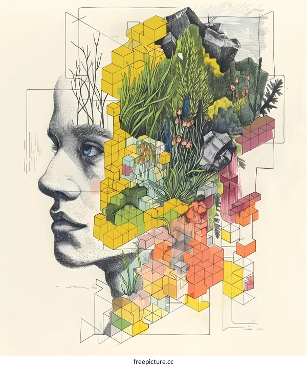 Geometric Illustration of a Man with Nature Growing from His Head