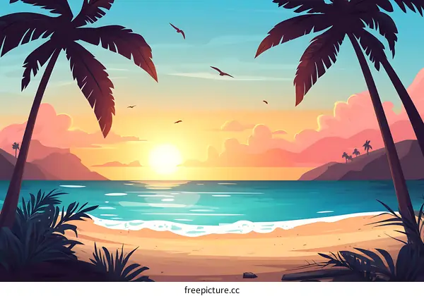 Tropical Sunset Beach Landscape Illustration