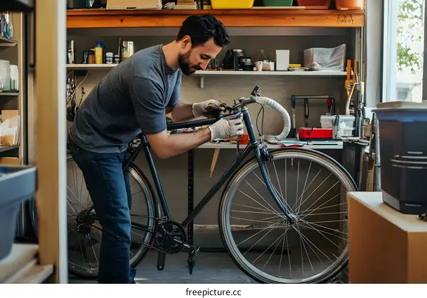 Man Fixing Bicycle in Workshop