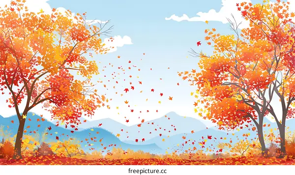 Autumn Landscape with Falling Leaves and Mountains